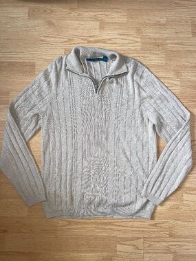Perry Ellis Beige Cotton Knit Quarter Zip Long Sleeve Sweater Top Size Large
